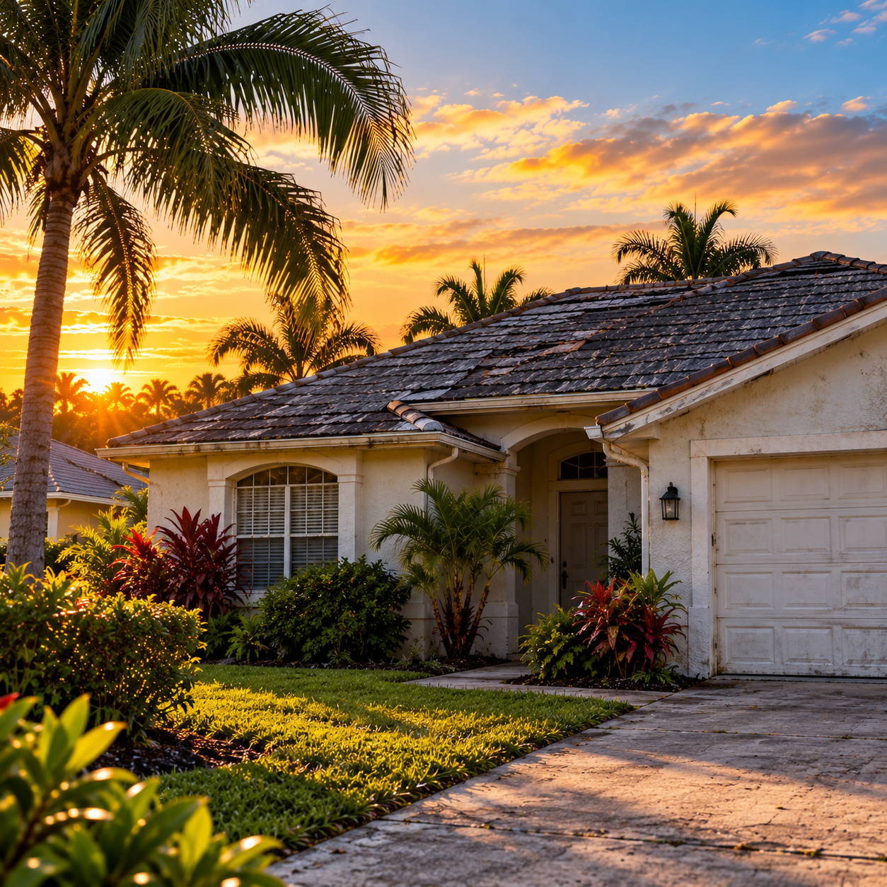 Florida home with a roof and tropical landscaping