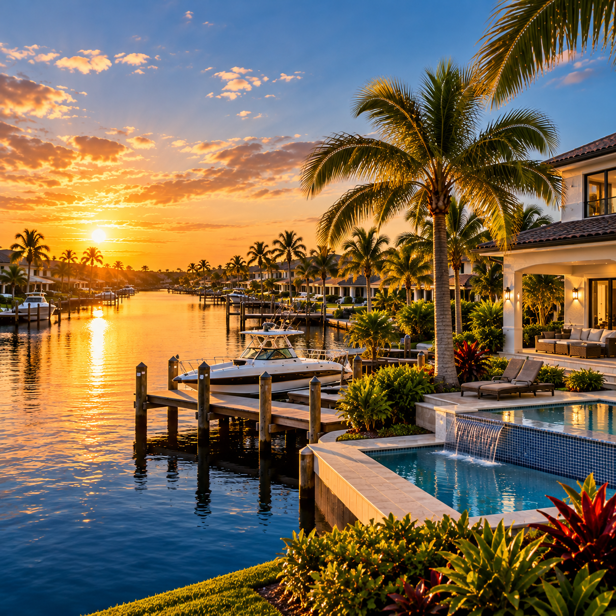 Florida waterfront home with tropical landscaping